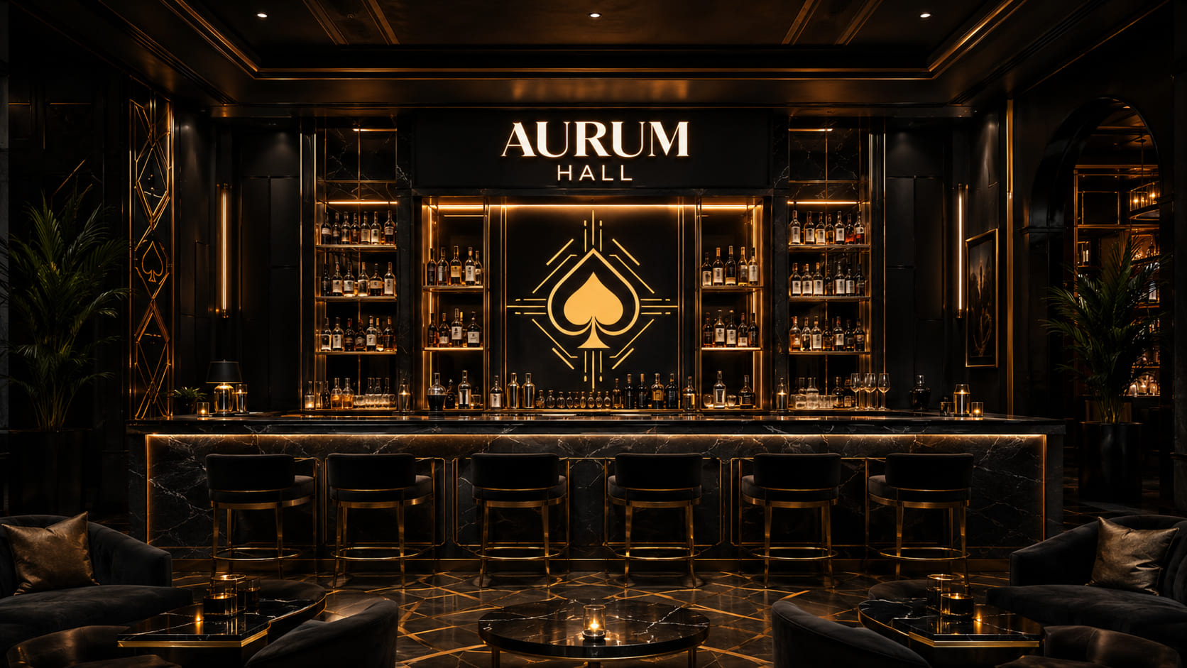 Podświetlona strefa lounge Aurum Hall z czarno-złotym wystrojem