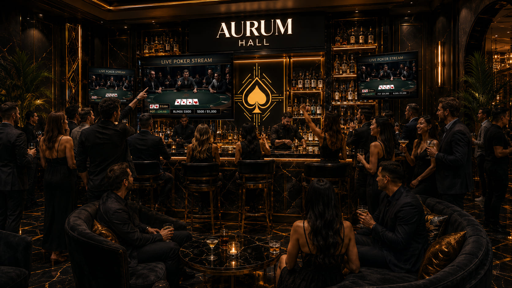 Goście oglądają transmisję pokerową na ekranach w Aurum Hall