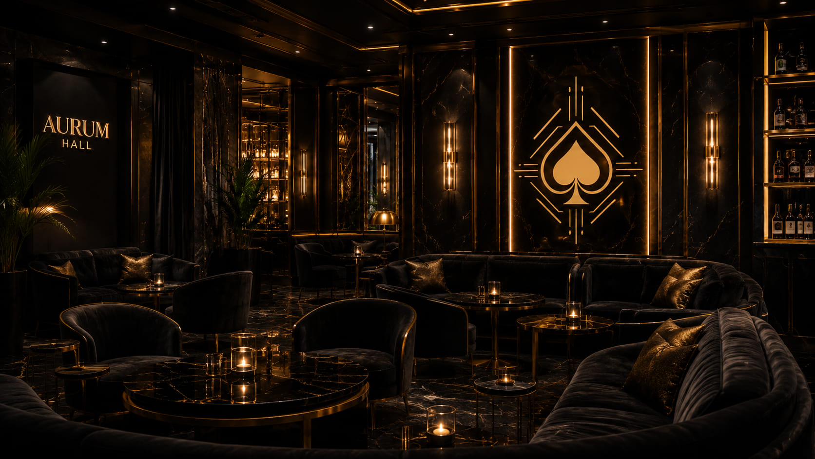 Pusta strefa lounge Aurum Hall z welurowymi sofami i złotym oświetleniem