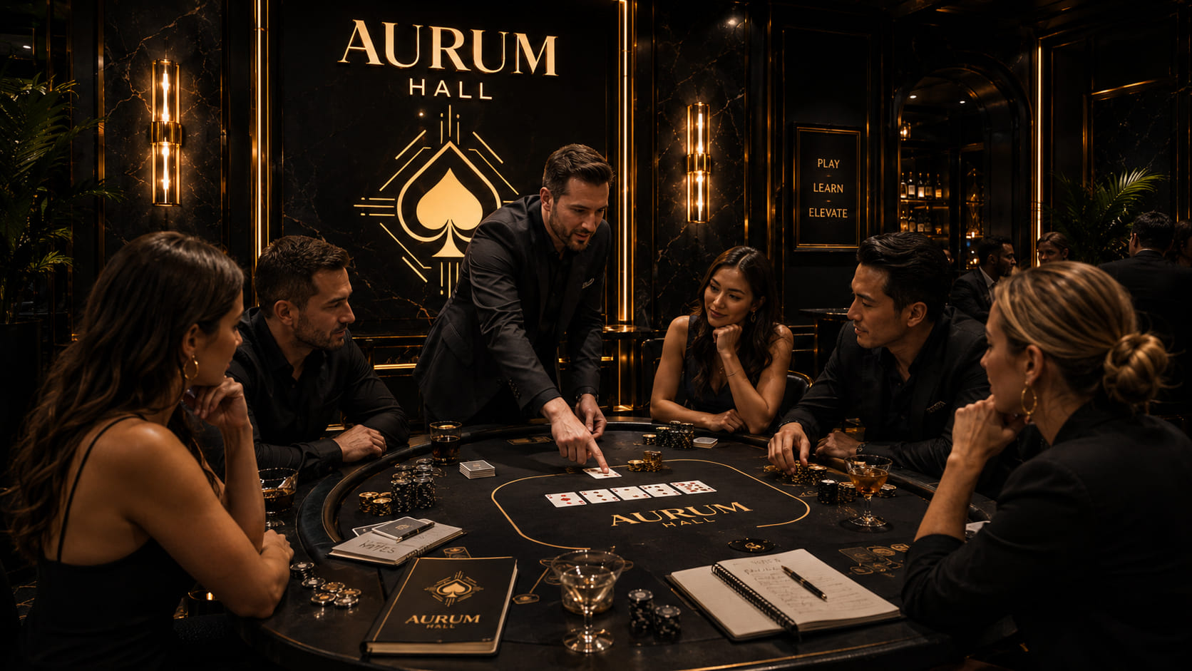 Prowadzący wyjaśnia zasady i decyzje przy stole pokerowym w Aurum Hall