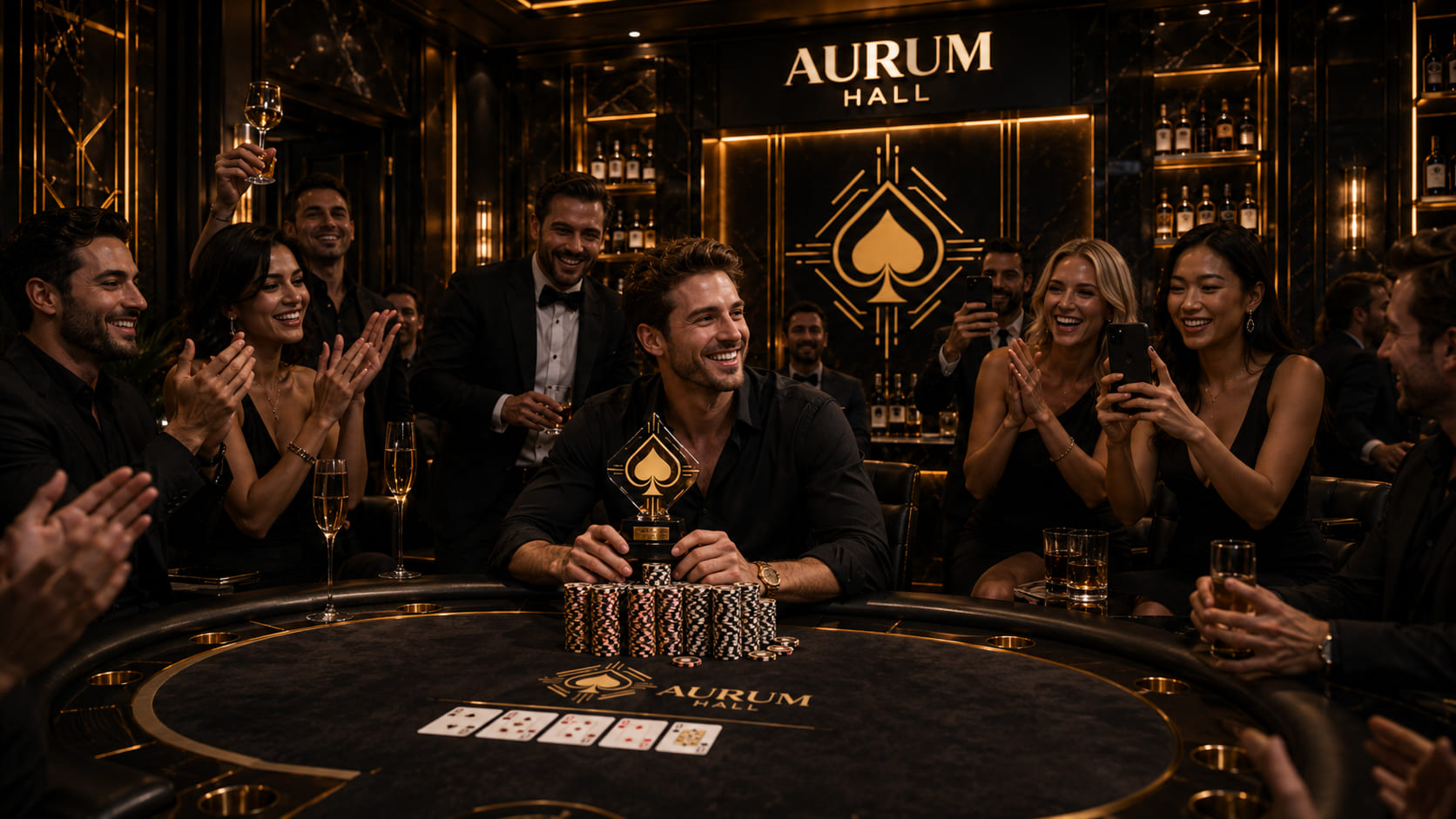 Uczestnicy świętują zakończenie wydarzenia pokerowego w Aurum Hall