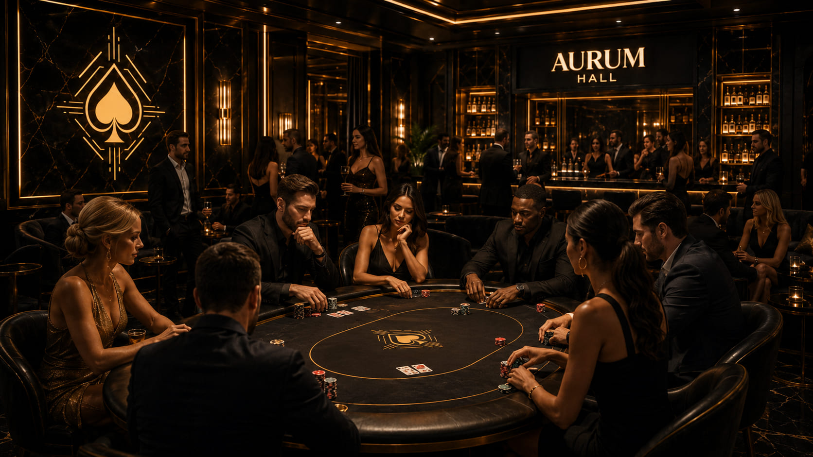 Dorośli goście przy stole pokerowym w czarno-złotym wnętrzu Aurum Hall