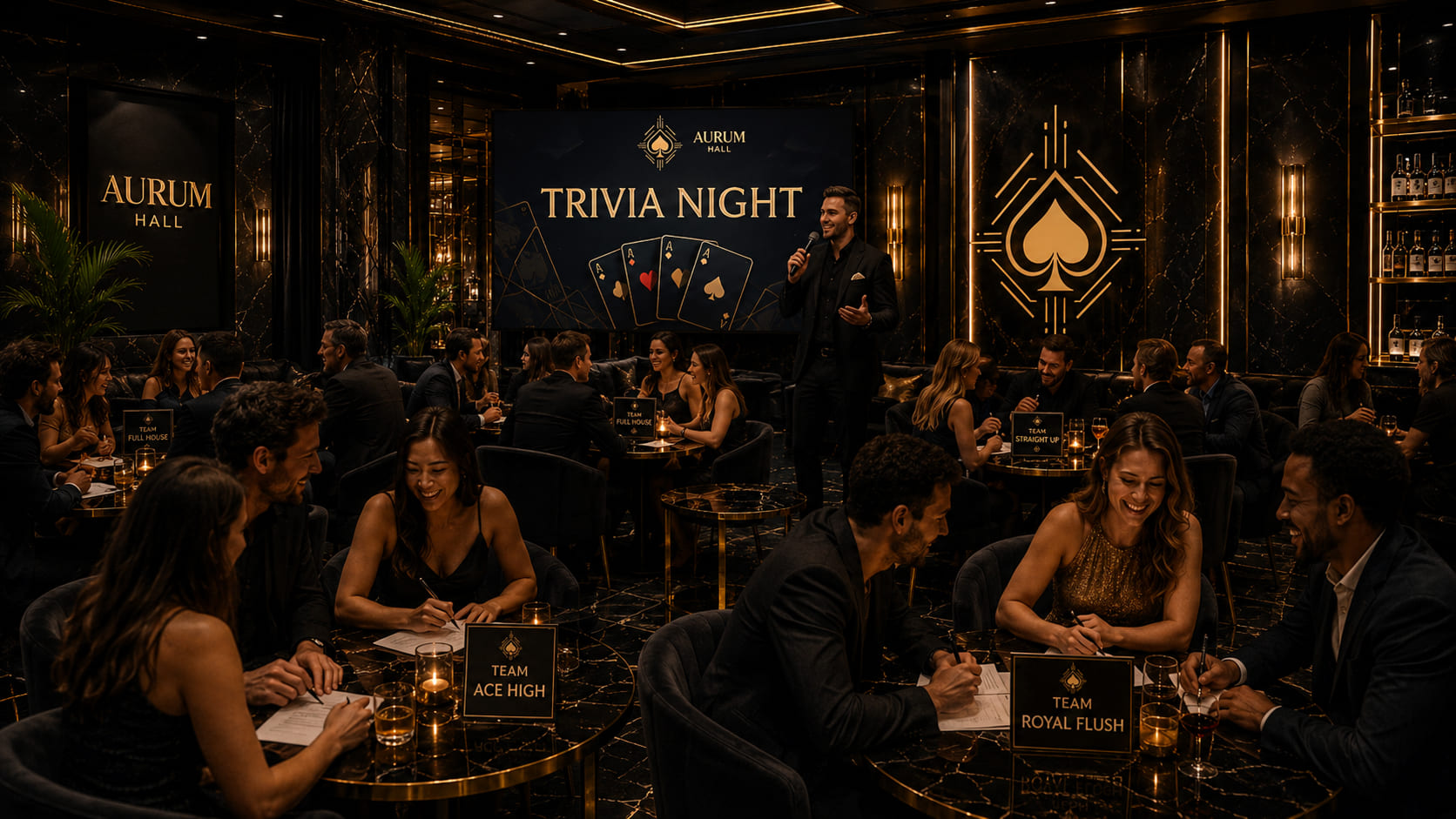 Drużyny biorą udział w wieczorze trivia w Aurum Hall